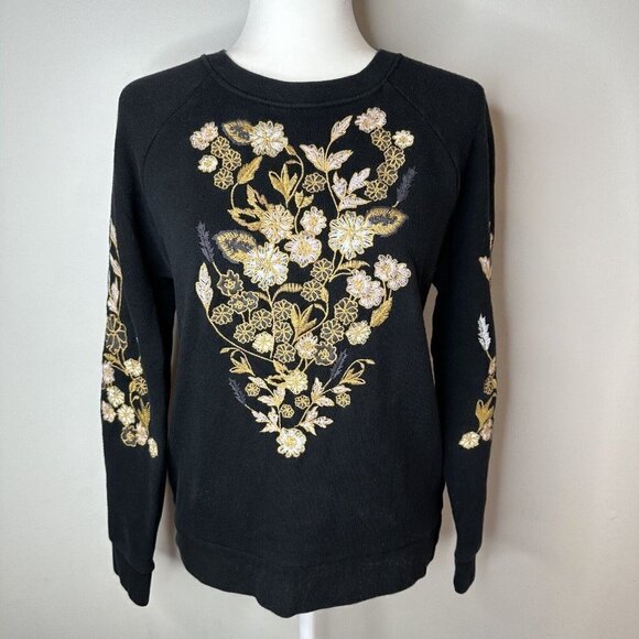Whistles Black Floral Embroidered Cotton Long Sleeve Sweatshirt Size Small - Picture 1 of 10